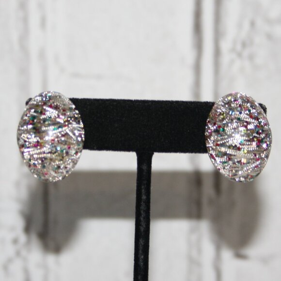 Vintage Jewelry - Beautiful silver and colorful glitter clip on vintage earrings 1"